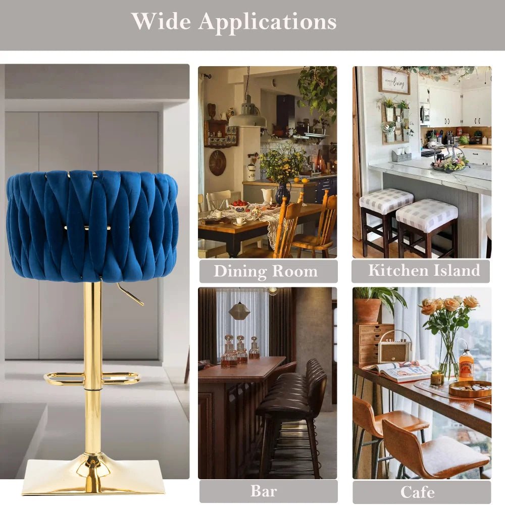 Navy velvet bar stool with tufted backrest and gold pedestal base