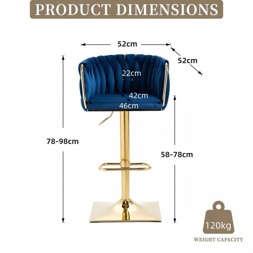 Navy velvet bar stool with tufted backrest and gold pedestal base, adjustable height