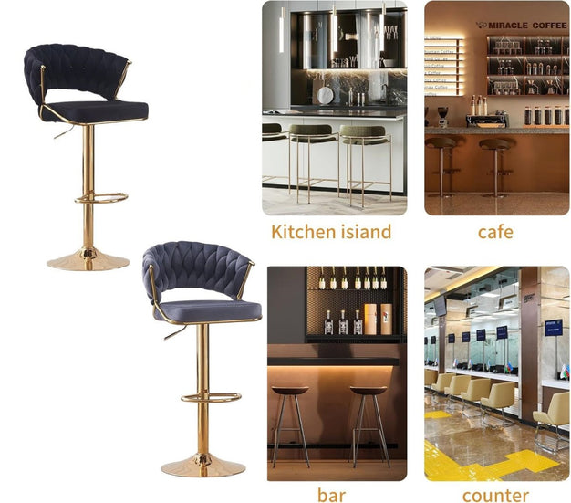 Dark velvet bar stool with tufted back and gold pedestal base