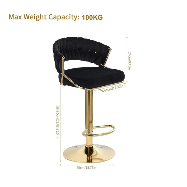 Black velvet barstool with padded backrest, thick seat, and gold circular base