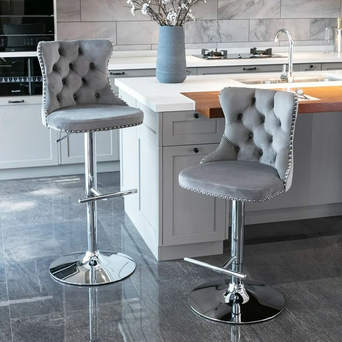 SERENITà Gray Velvet Bar Stools Adjustable Swivel Counter Height Chair