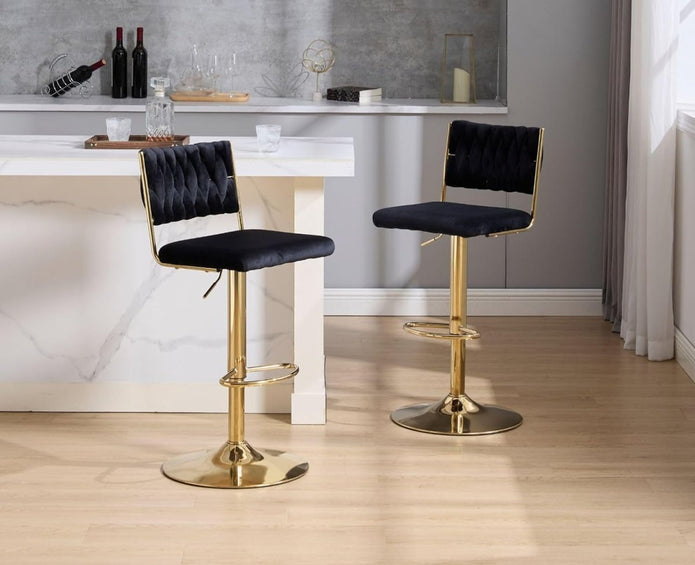 SERENIT?  2x Velvet Bar Stools with Braided Back Elegant Kitchen High Chairs, Kitchen Island Stools Adjustable Height Swivel Bar Chairs with Gold Legs for Home-Black