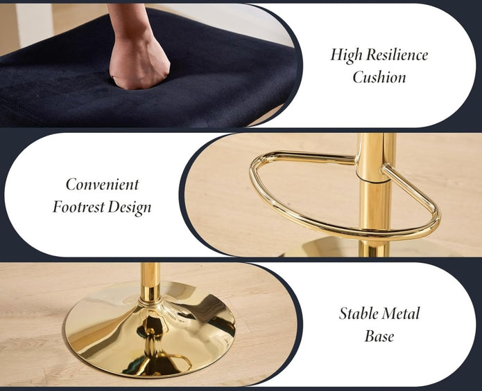 SERENITà  2x Velvet Bar Stools with Braided Back Elegant Kitchen High Chairs, Kitchen Island Stools Adjustable Height Swivel Bar Chairs with Gold Legs for Home-Black