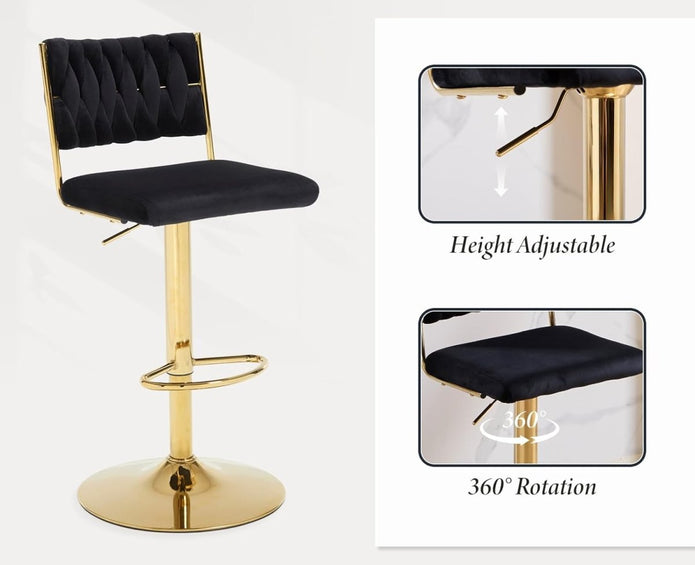 SERENIT?  2x Velvet Bar Stools with Braided Back Elegant Kitchen High Chairs, Kitchen Island Stools Adjustable Height Swivel Bar Chairs with Gold Legs for Home-Black