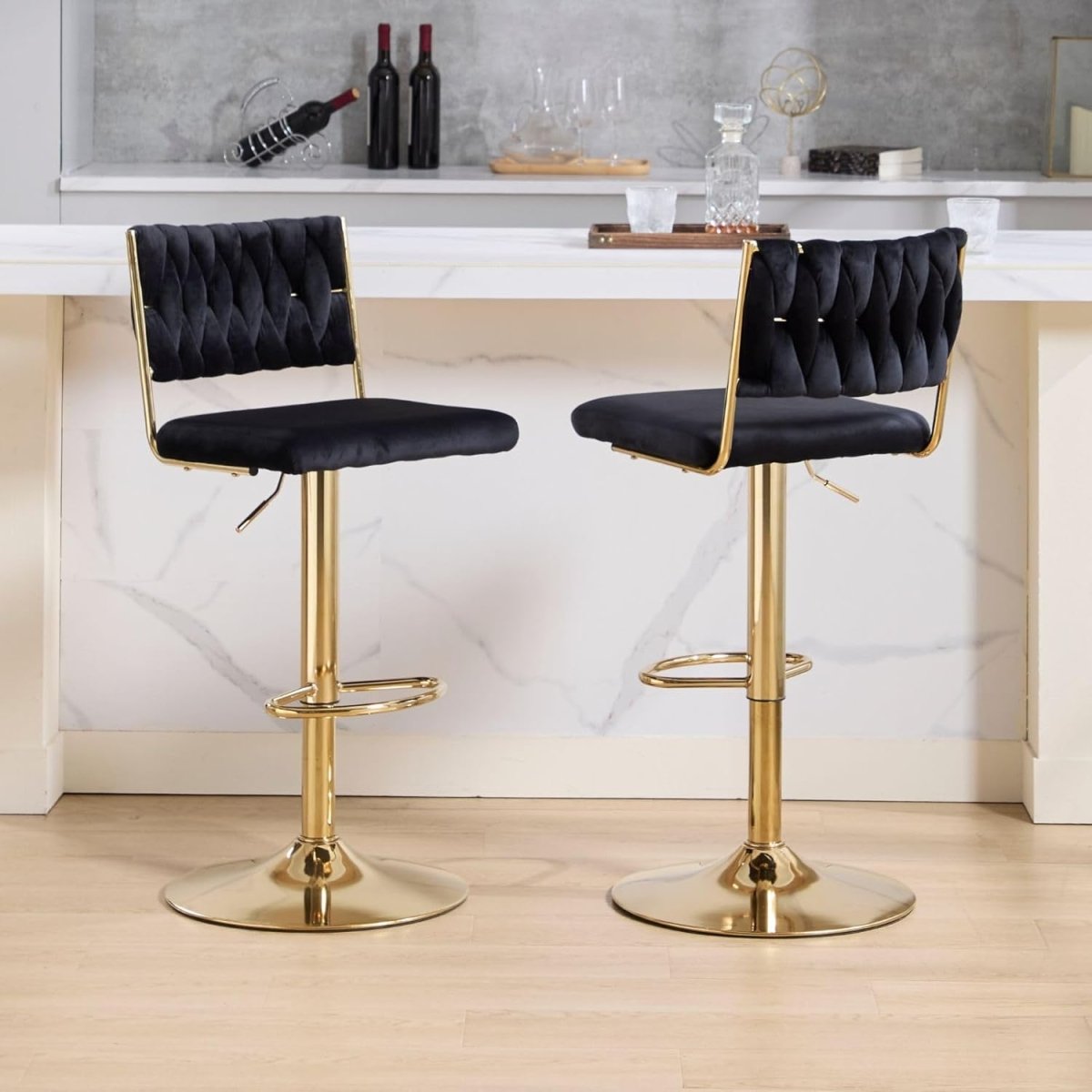 SERENIT?  2x Velvet Bar Stools with Braided Back Elegant Kitchen High Chairs, Kitchen Island Stools Adjustable Height Swivel Bar Chairs with Gold Legs for Home-Black