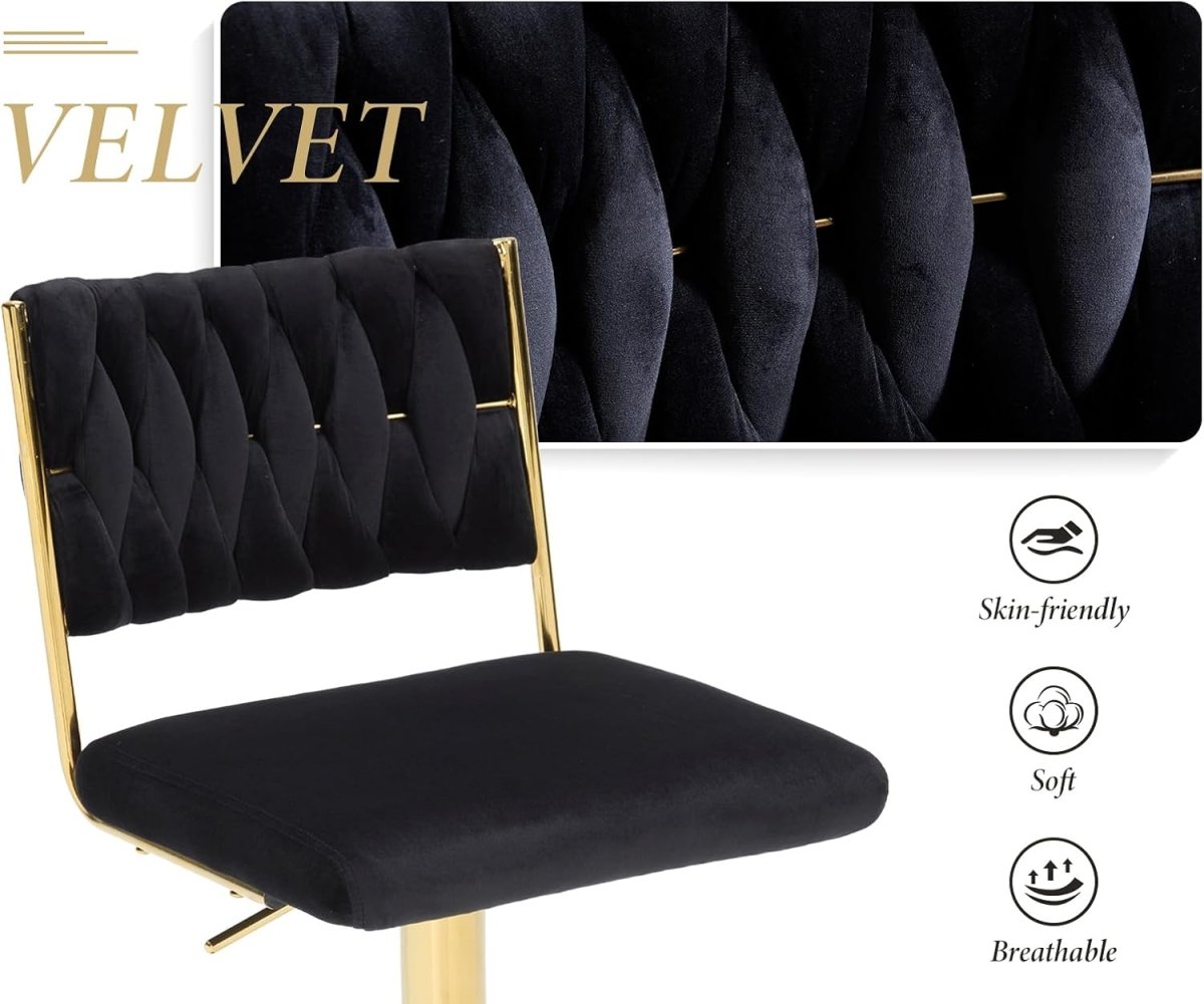 SERENIT?  2x Velvet Bar Stools with Braided Back Elegant Kitchen High Chairs, Kitchen Island Stools Adjustable Height Swivel Bar Chairs with Gold Legs for Home-Black