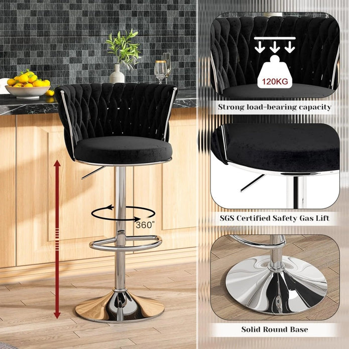 SERENIT? Modern Silver Swivel Upholstered Velvet Adjustable Height Counter Stool with Metal Frame Black (Set of 2)