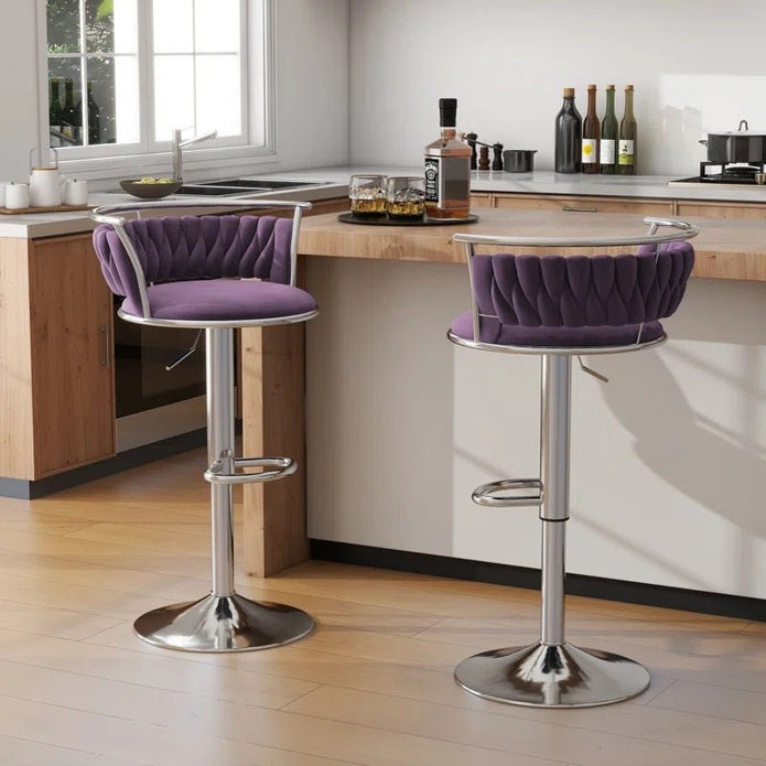 SERENIT? Silver Swivel Upholstered Velvet Adjustable Height Counter Stool with Metal Frame Voilet (Set of 2)