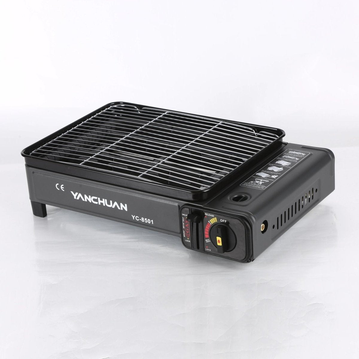 Portable Gas Stove Burner Butane BBQ Camping Gas Cooker With Non Stick Plate Black with Fish Pan and Lid