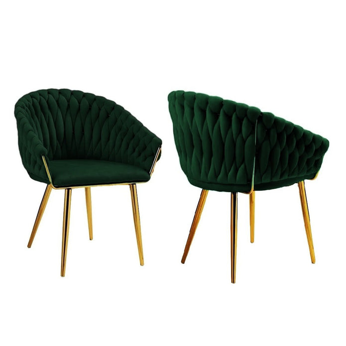SERENITà Emerald Green Modern Velvet Dining Chairs, Upholstered Living Room Chair with Woven Back and Golden Metal Legs, Mid-Century Accent Set of 2(GREEN) Bedworld