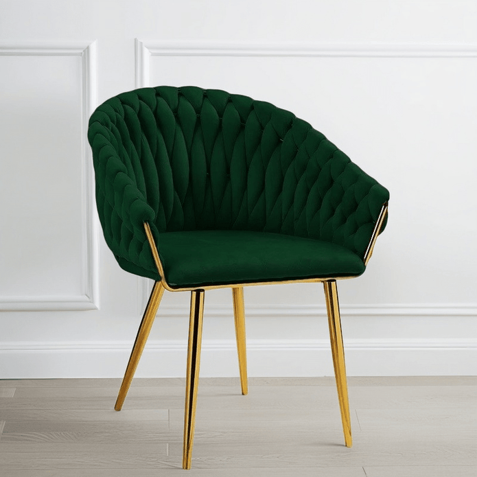 SERENITà Emerald Green Modern Velvet Dining Chairs, Upholstered Living Room Chair with Woven Back and Golden Metal Legs, Mid-Century Accent Set of 2(GREEN) Bedworld