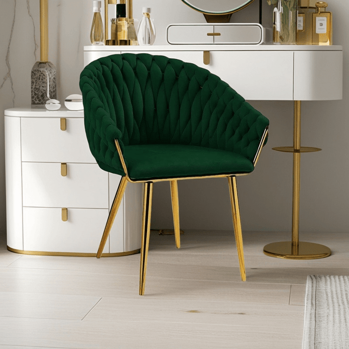 SERENITà Emerald Green Modern Velvet Dining Chairs, Upholstered Living Room Chair with Woven Back and Golden Metal Legs, Mid-Century Accent Set of 2(GREEN) Bedworld