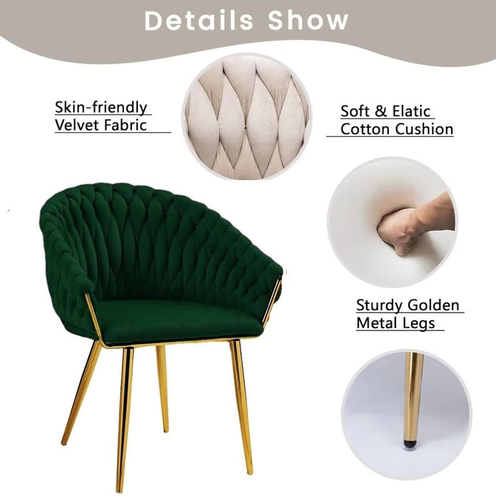 SERENITà Emerald Green Modern Velvet Dining Chairs, Upholstered Living Room Chair with Woven Back and Golden Metal Legs, Mid-Century Accent Set of 2(GREEN) Bedworld