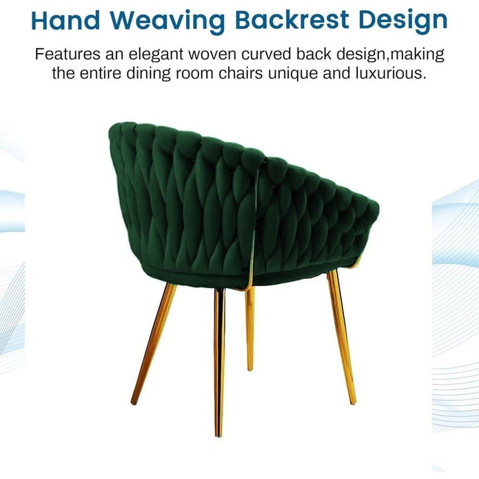 SERENITà Emerald Green Modern Velvet Dining Chairs, Upholstered Living Room Chair with Woven Back and Golden Metal Legs, Mid-Century Accent Set of 2(GREEN) Bedworld