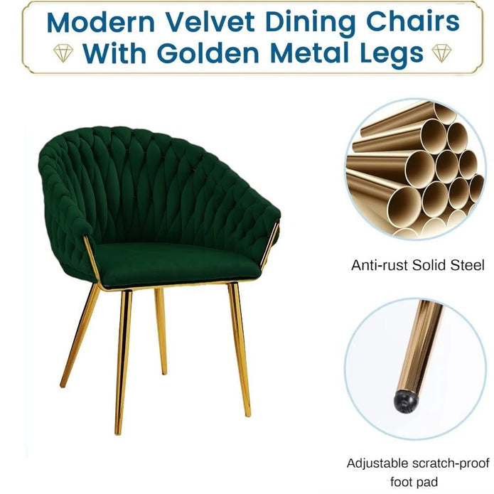 SERENITà Emerald Green Modern Velvet Dining Chairs, Upholstered Living Room Chair with Woven Back and Golden Metal Legs, Mid-Century Accent Set of 2(GREEN) Bedworld
