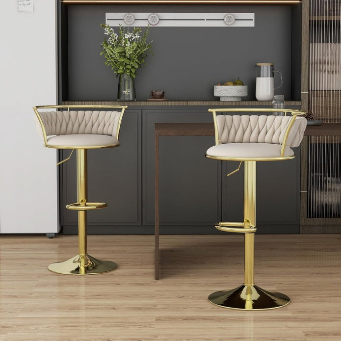 SERENIT? Golden Swivel Upholstered Velvet Adjustable Height Counter Stool with Metal Frame Ivory (Set of 2)