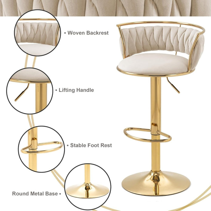 SERENIT? Golden Swivel Upholstered Velvet Adjustable Height Counter Stool with Metal Frame Ivory (Set of 2)