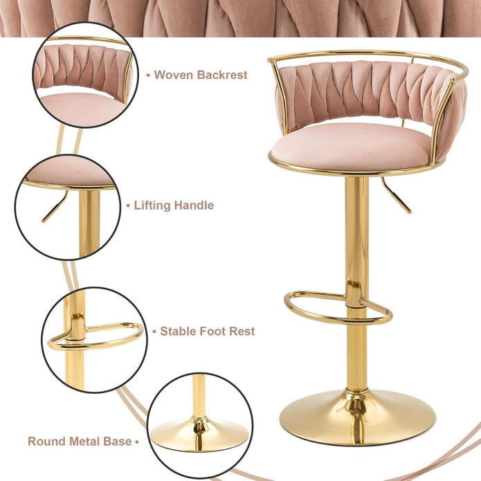 SERENIT? Golden Swivel Upholstered Velvet Adjustable Height Counter Stool with Metal Frame Pink (Set of 2)