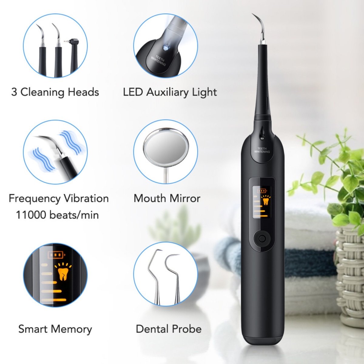 Electric ultrasonic dental scaler with three cleaning heads, mouth mirror, and LED auxiliary light.