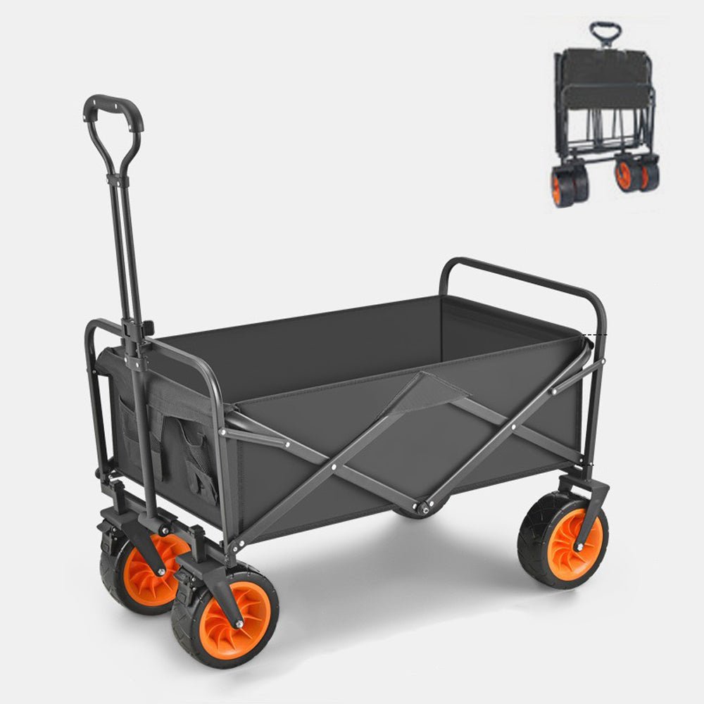 Black folding beach wagon cart with mesh tray and orange wheels, push handle