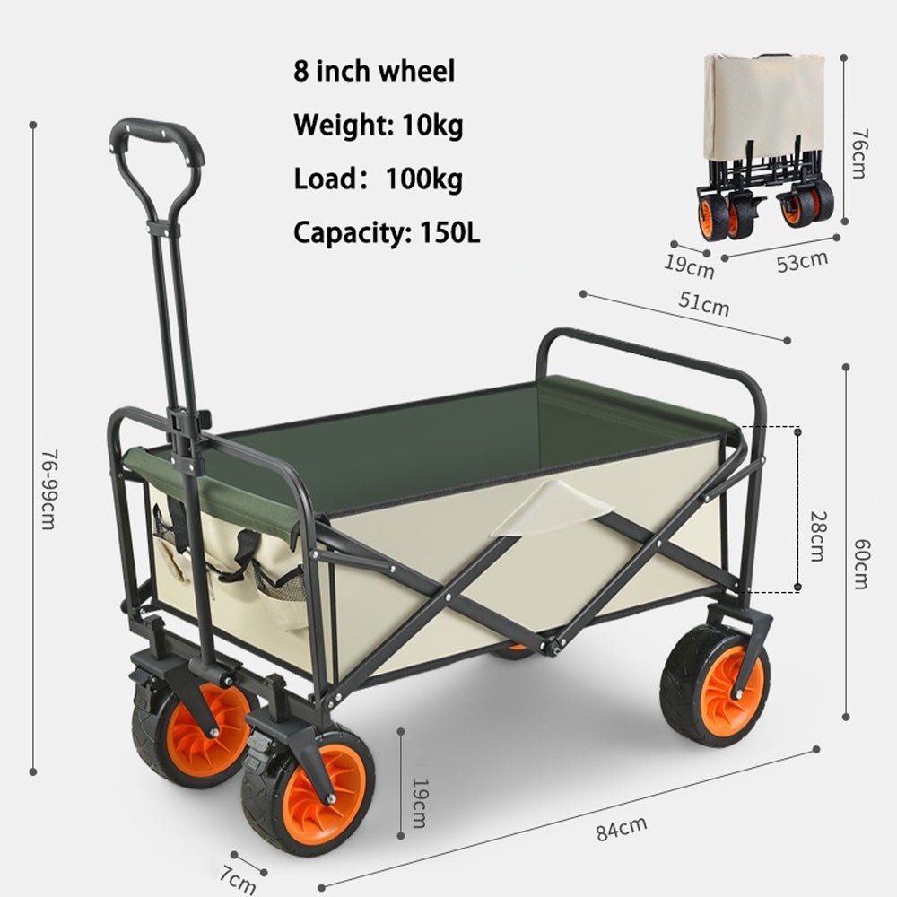 Folding beach wagon cart: 8 in wheels, 150L capacity, 10kg weight