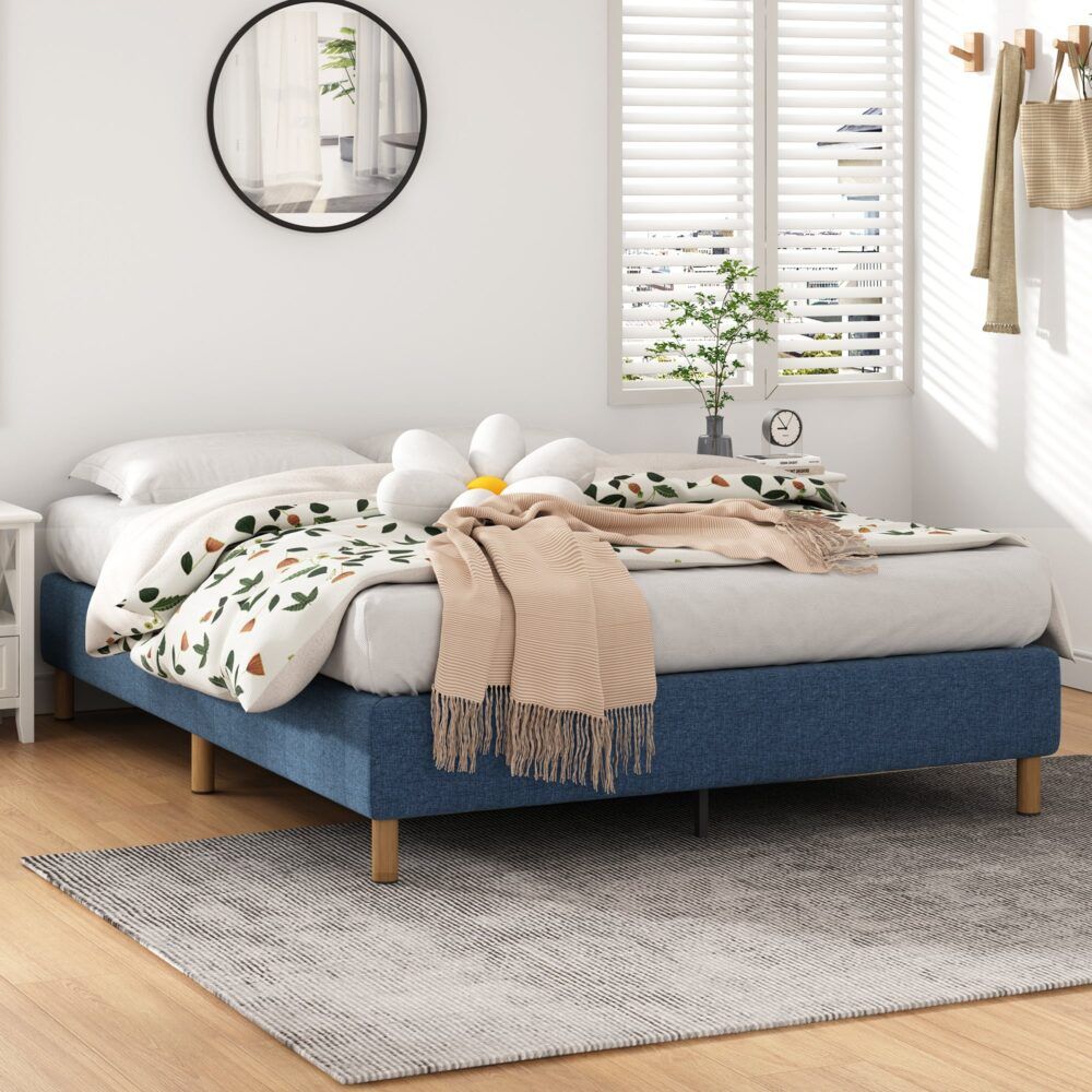 Metal Bed Frame Mattress Foundation Blue  Double