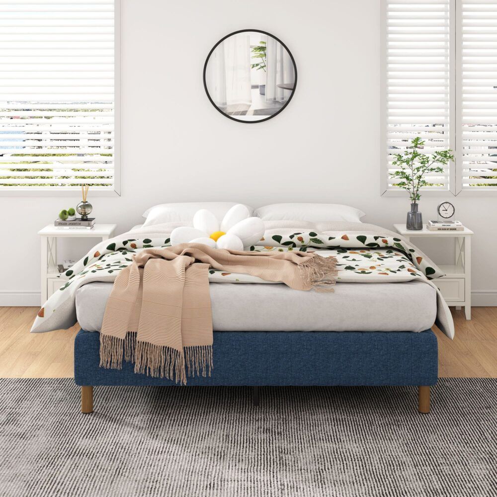 Metal Bed Frame Mattress Foundation Blue  Double