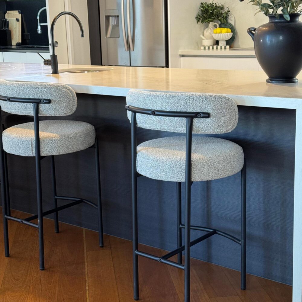 Sleek White Quartz Metal Boucle Elsa Bar Stools