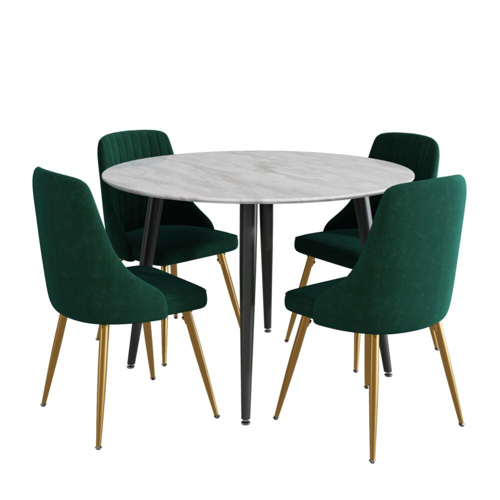 Round dining table with white marble-look top and 4 green velvet chairs on gold legs
