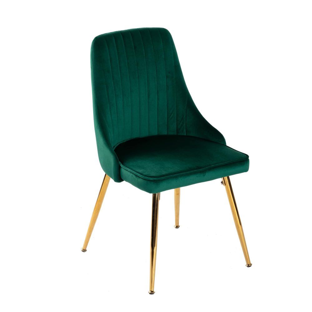 Green velvet dining chair with vertical stitched back, curved arms, gold tapered legs