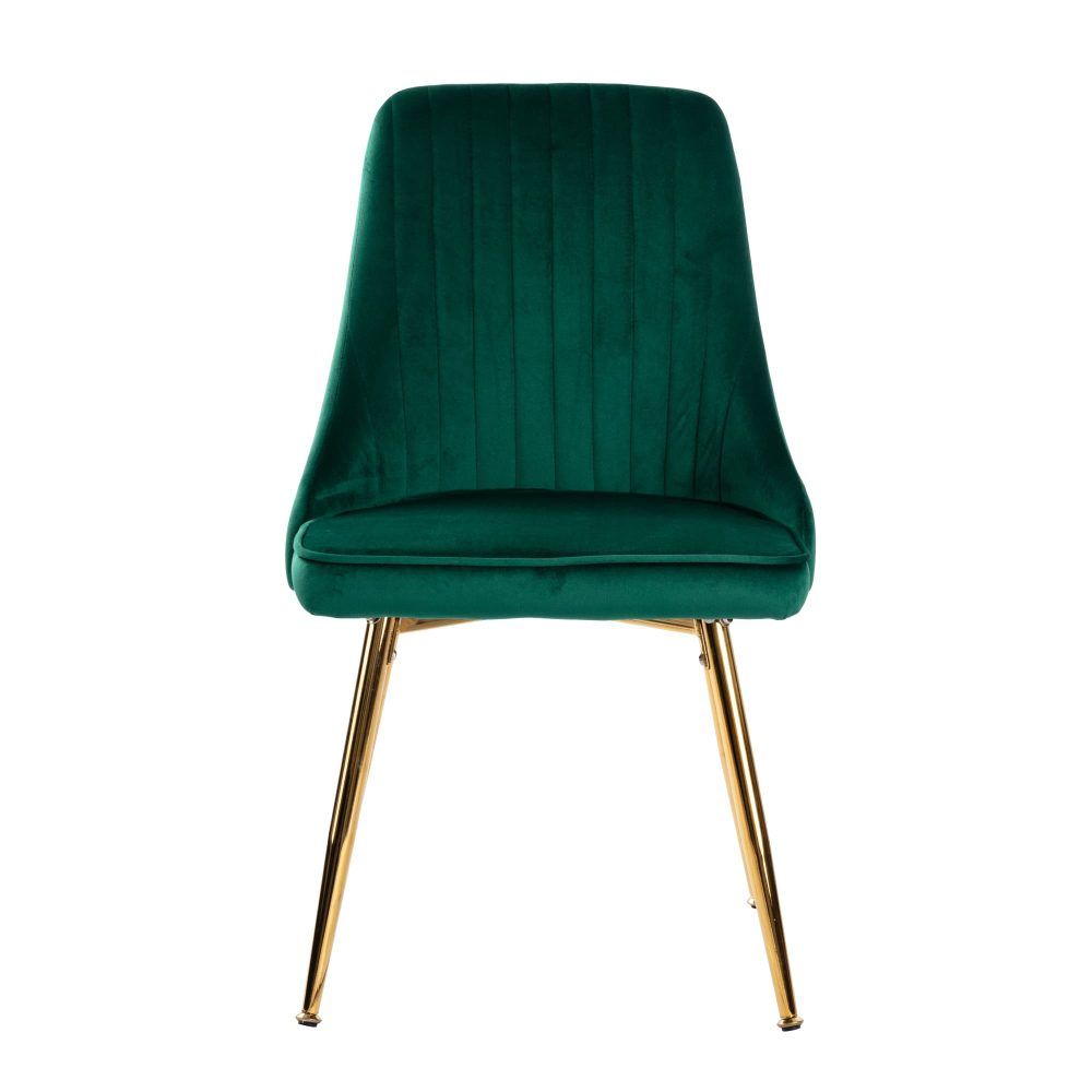 Green velvet dining chair with vertical stitched back and gold tapered legs