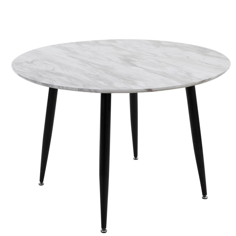 Round dining table with marble-effect top and black metal legs