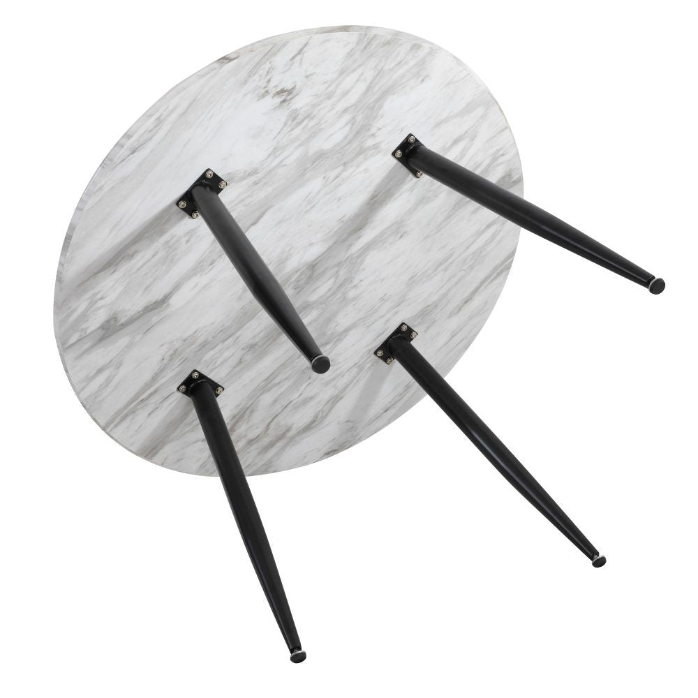 Round marble-effect dining table with black tripod-style legs