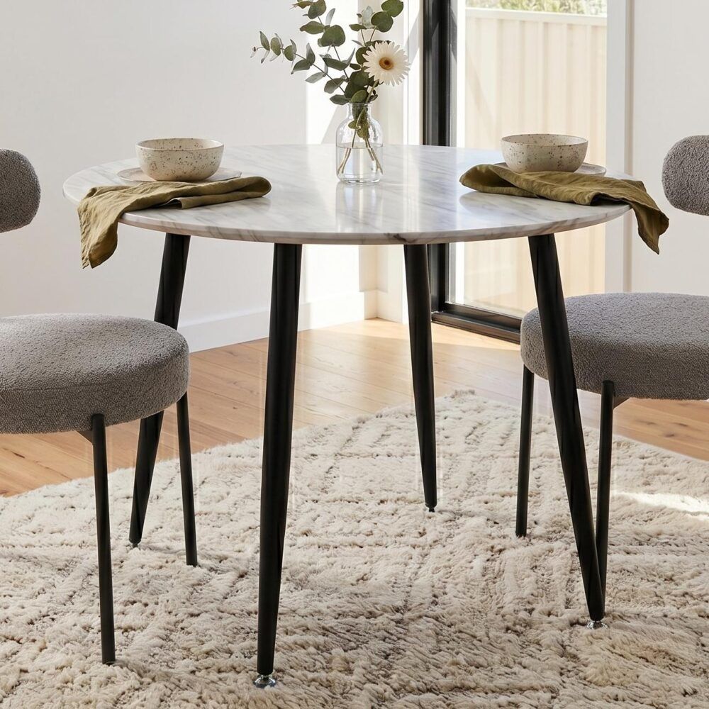 Round MDF marbling dining table, white-gray finish with black legs