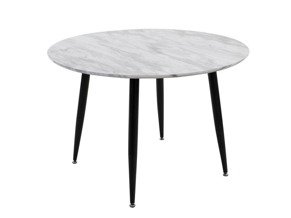 Round MDF marbling dining table with white-gray top and black tapered legs