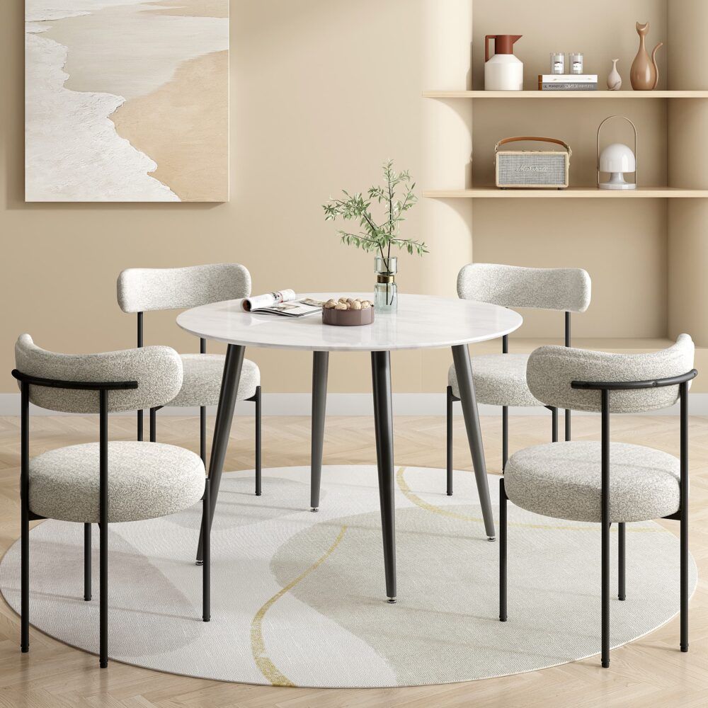 Round MDF marbling dining table with white-gray tabletop and black tapered legs
