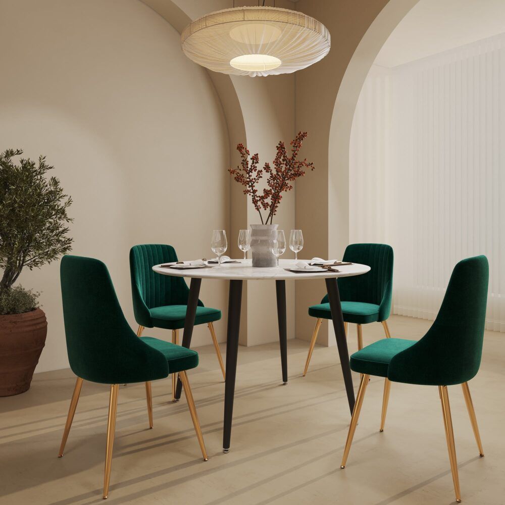 Round MDF marbling dining table with white-gray marble-effect top and black legs