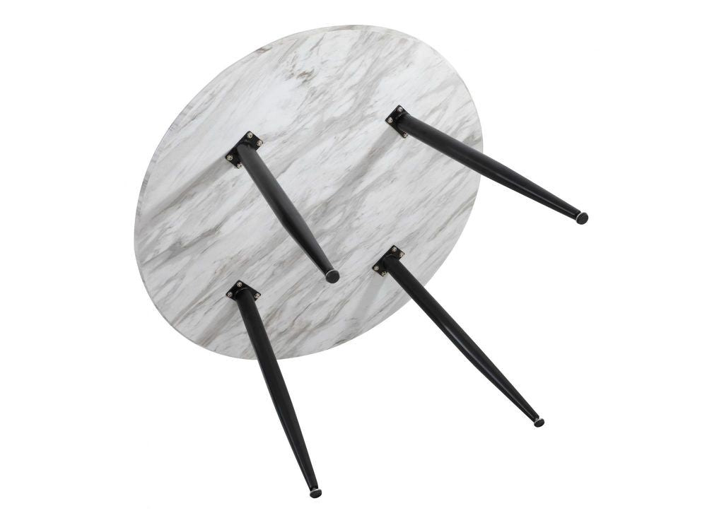 Round MDF marbling dining table base: black legs with white-gray marbled top