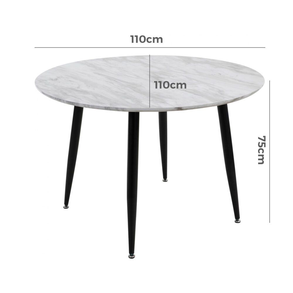 Round dining table, 110cm diameter white-gray marbled top with black legs; 75cm high