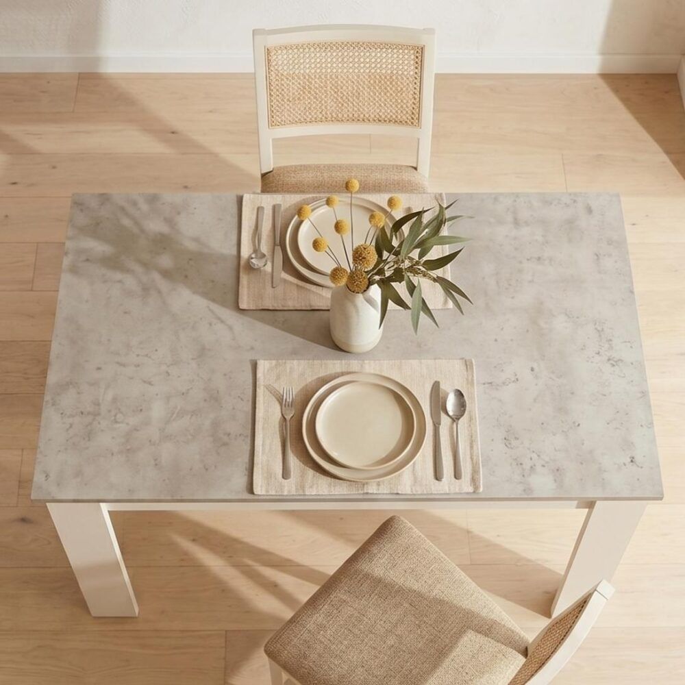Rectangular dining table with grey marble-look top and white legs, set with plates and cutlery