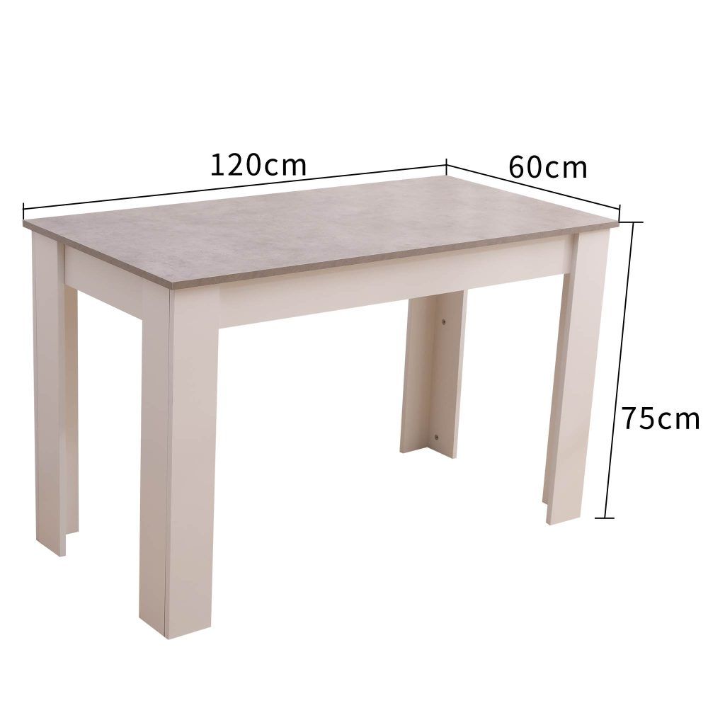 Rectangular dining table dimensions: 120cm x 60cm top, 75cm height, grey top and white frame