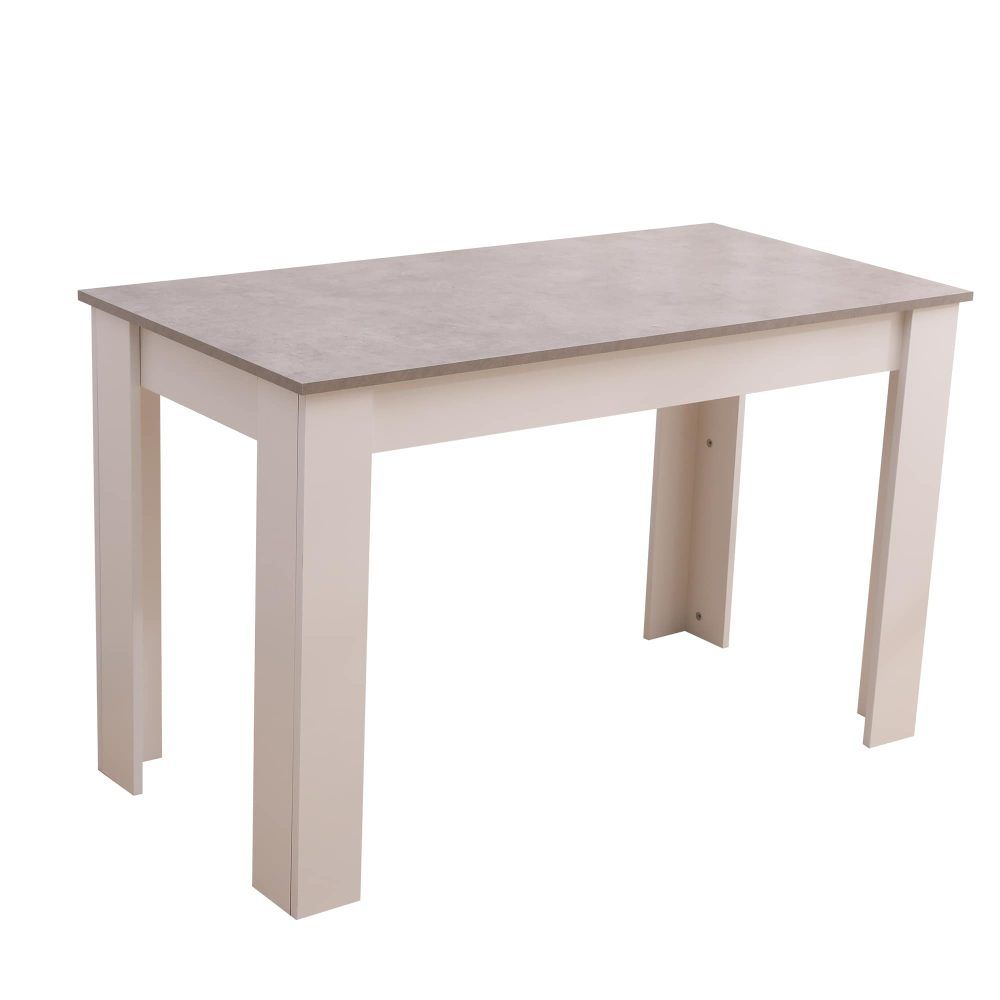 Grey rectangular dining table with white legs, angled studio view