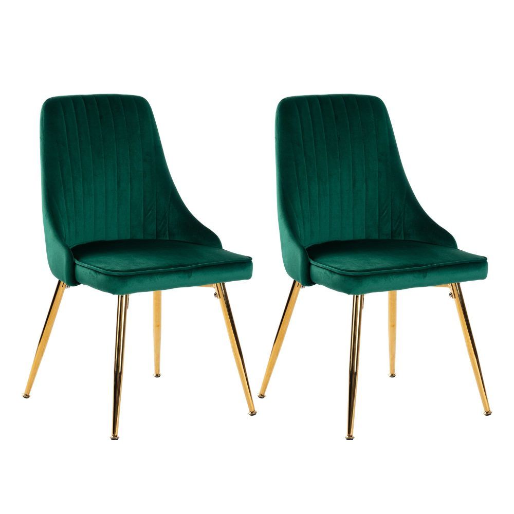 Set of two green velvet dining chairs with tufted seats and gold metal legs