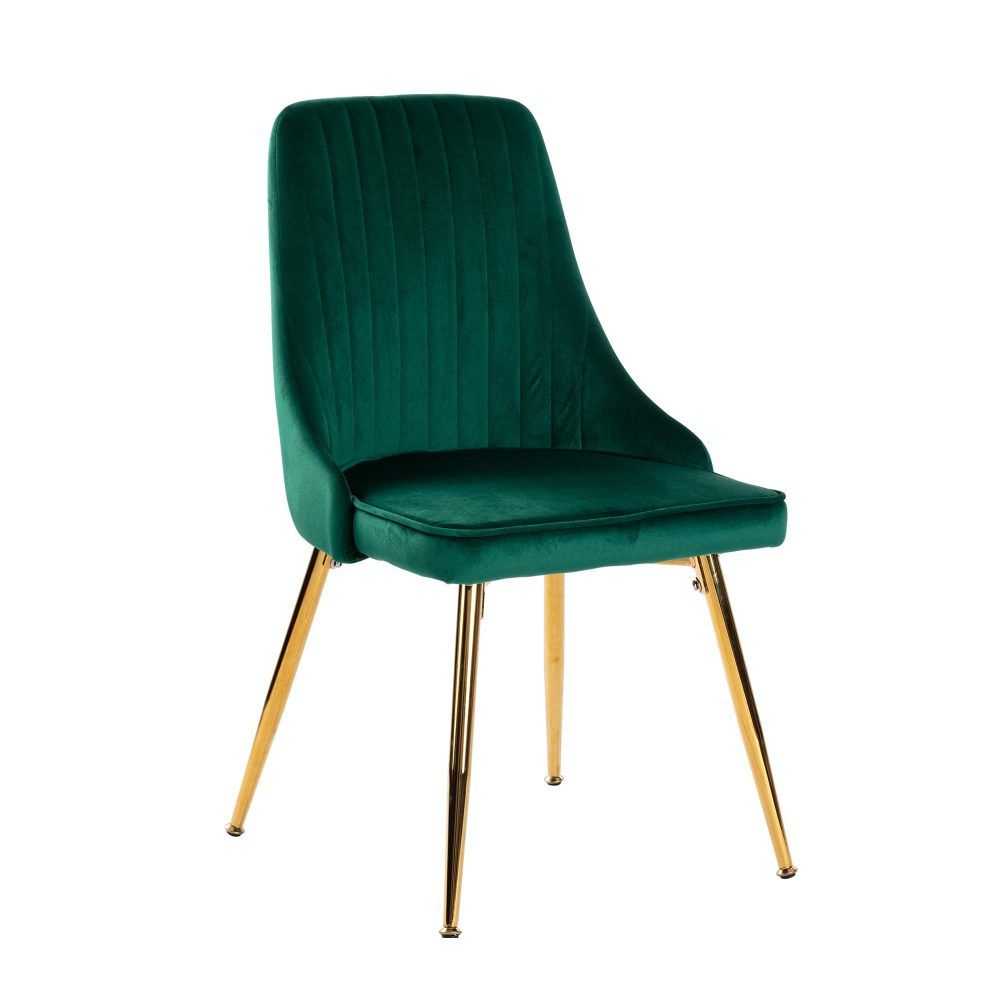 Green velvet dining chair with tufted back, padded seat, gold metal legs
