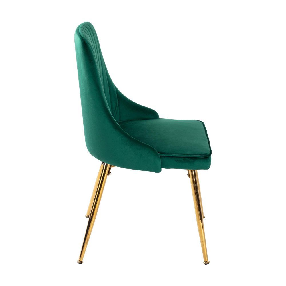 Green velvet dining chair with curved back and seat, gold metal legs