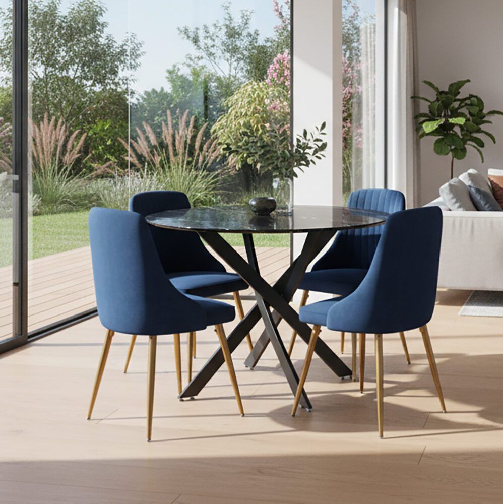 Outdoor dining table set: round glass top, black X base, and four blue chairs