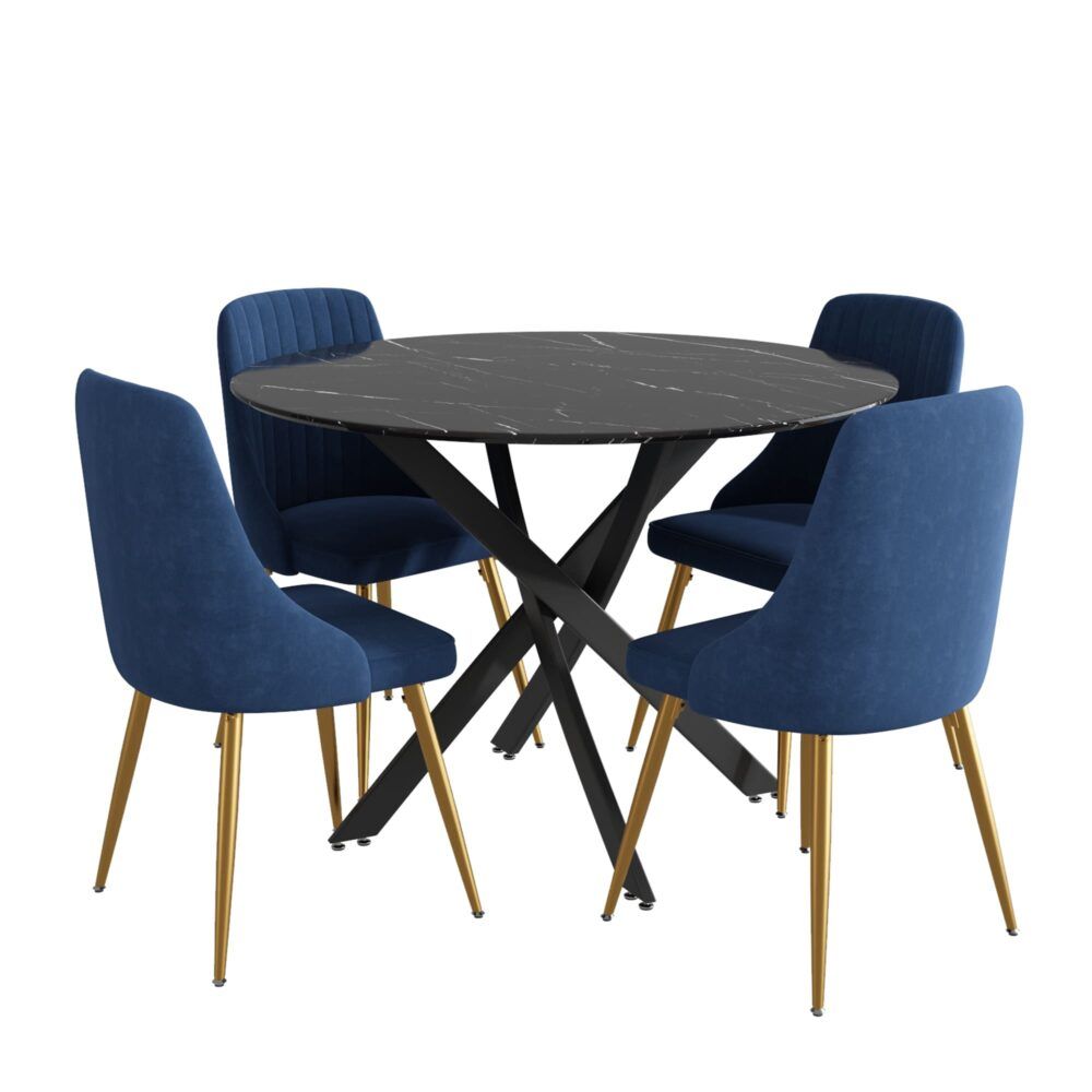 Studio view: round glass dining table with black X base and four blue chairs