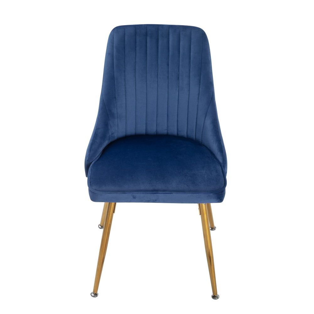 Blue upholstered dining chair with tufted back and gold tapered legs