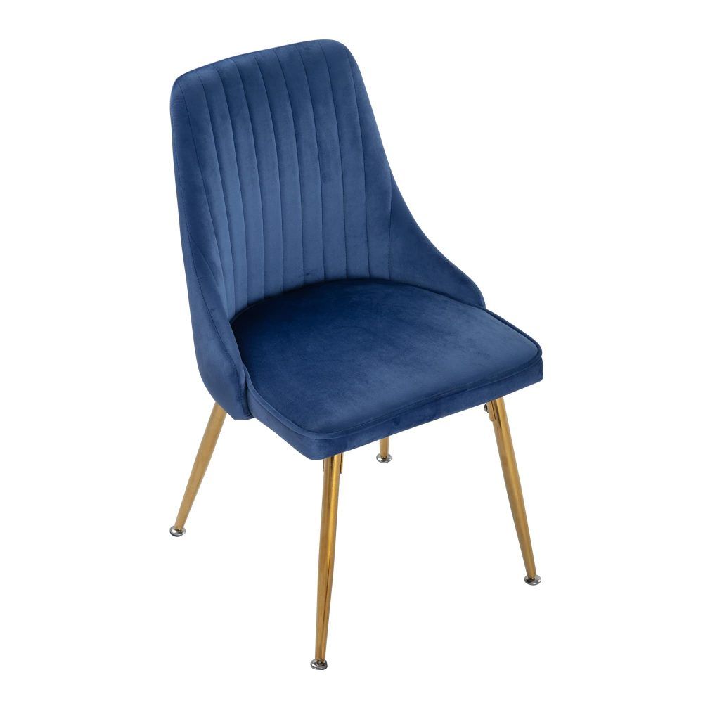 Blue upholstered dining chair with curved back and gold tapered legs
