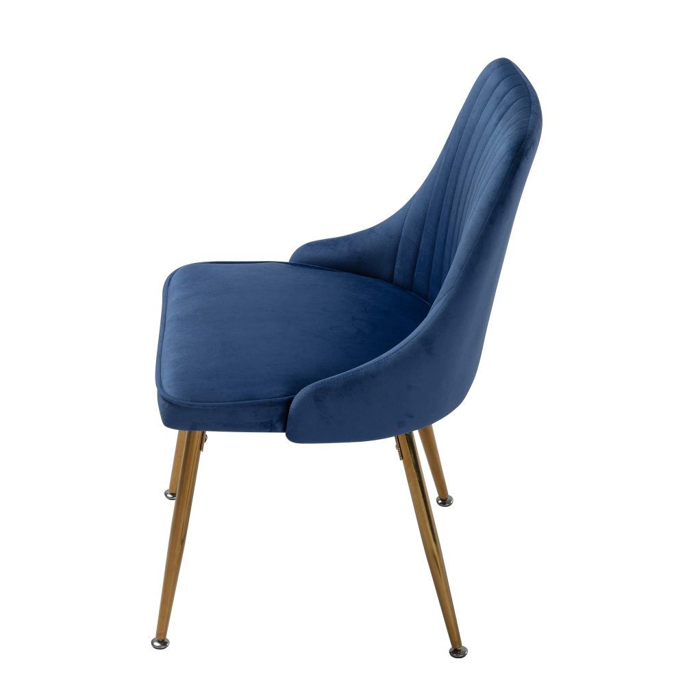 Blue upholstered dining chair with padded seat and gold tapered legs